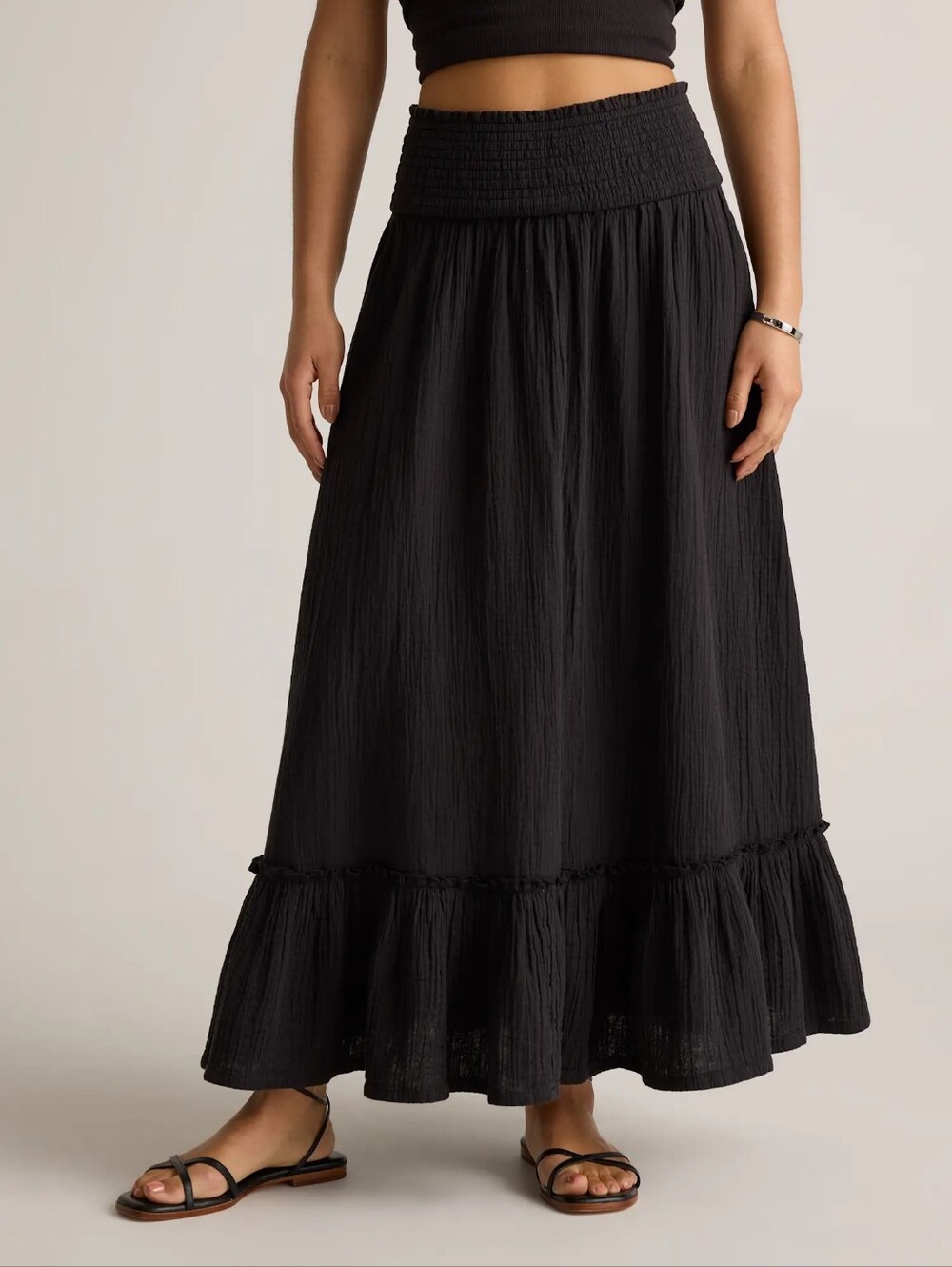 Quince Organic Cotton Gauze Women's Black Maxi Skirt with Smocked Waist
